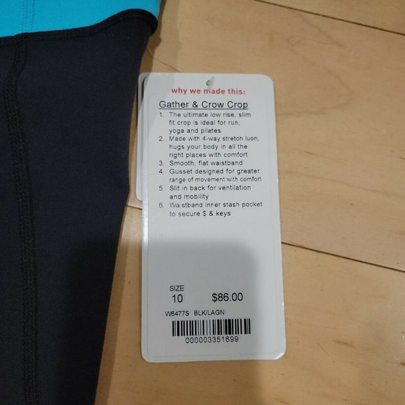 Brand New Lululemon 'Gather and Crow Crop' Leggings Black/ Blue Waistband Sz 10 - Picture 5 of 10